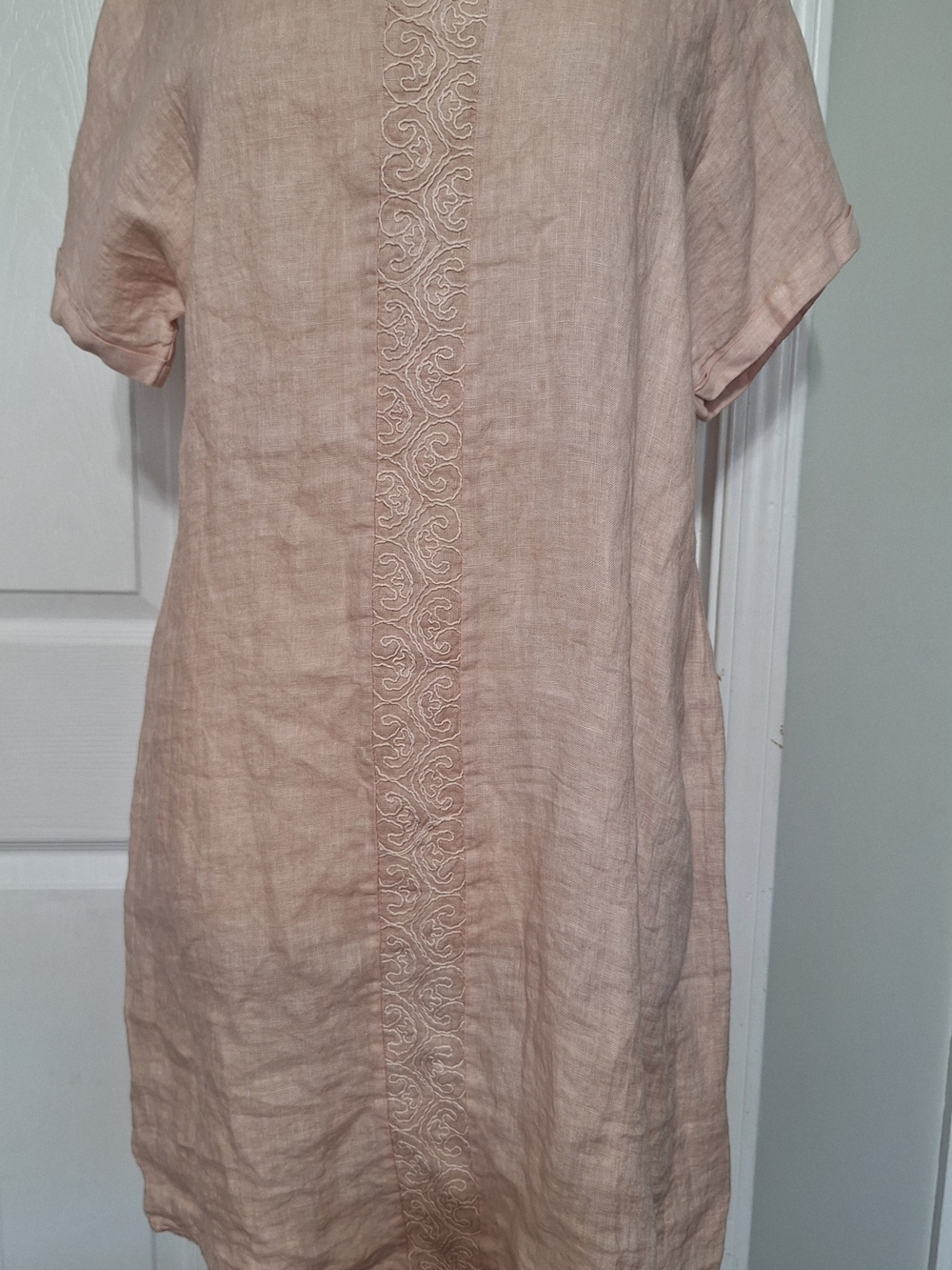 NWT 100% Linen Light Pink Embroidered Mini Dress Made In Italy Size Large